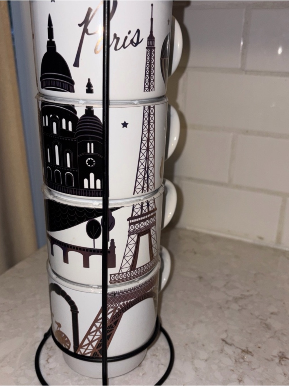 Paris  White and Black Paris Stackable Coffee Mug Set of 4 in a rack